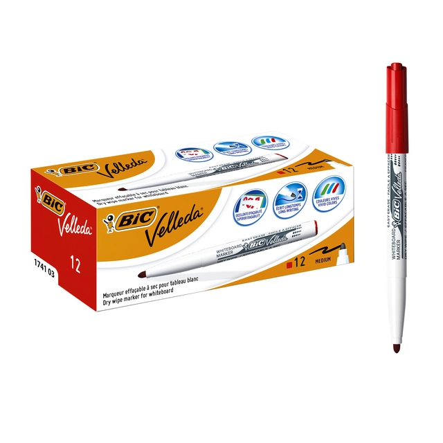 Een Viltstift Bic Velleda 1741 whiteboard rond medium rood koop je bij VHK Kantoorartikelen