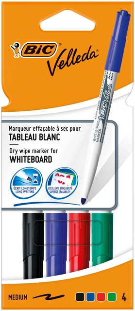 Een Viltstift Bic Velleda 1744 whiteboard rond medium assorti kartonnen etui à 4 stuks koop je bij VHK Kantoorartikelen