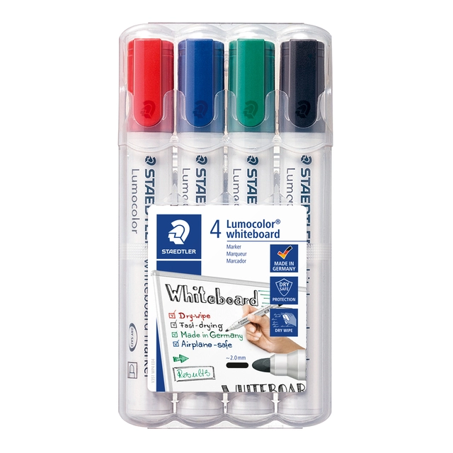 Een Viltstift Staedtler Lumocolor 351 whiteboard set à 4 stuks assorti koop je bij Hoekmankantoorartikelen.nl