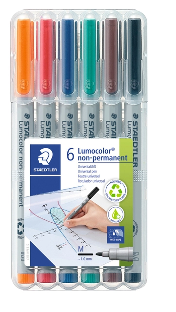 Een Viltstift Staedtler Lumocolor 315 non permanent M set à 6 stuks assorti koop je bij Hoekmankantoorartikelen.nl