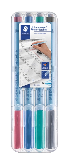 Een Viltstift Staedtler Lumocolor 305 non permanent correctable F set à 4 stuks koop je bij VHK Kantoorartikelen