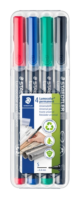 Een Viltstift Staedtler Lumocolor 313 permanent S set à 4 stuks assorti koop je bij Hoekmankantoorartikelen.nl