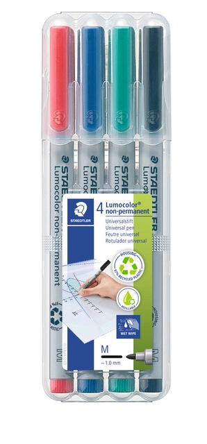 Een Viltstift Staedtler Lumocolor 315 non permanent M set à 4 stuks assorti koop je bij Hoekmankantoorartikelen.nl