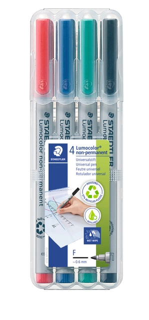 Een Viltstift Staedtler Lumocolor 316 non permanent F set à 4 stuks assorti koop je bij Hoekmankantoorartikelen.nl