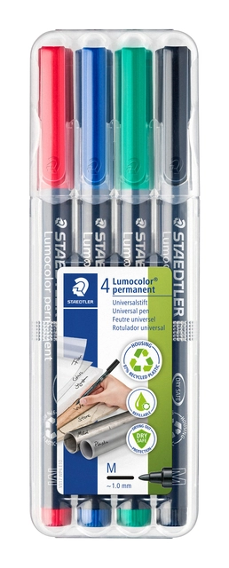 Een Viltstift Staedtler Lumocolor 317 permanent M set à 3 +1 stuk gratis koop je bij Hoekmankantoorartikelen.nl