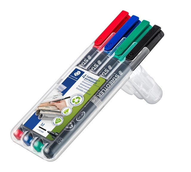 Een Viltstift Staedtler Lumocolor 317 permanent M set à 3 +1 stuk gratis koop je bij Hoekmankantoorartikelen.nl