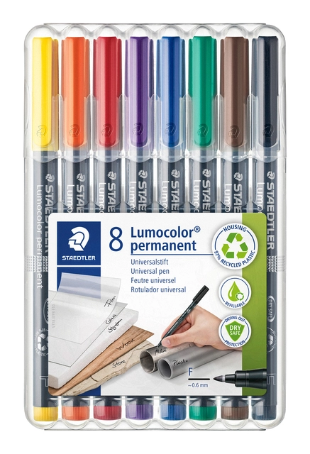 Een Viltstift Staedtler Lumocolor 318 permanent F set à 8 stuks assorti koop je bij Hoekmankantoorartikelen.nl