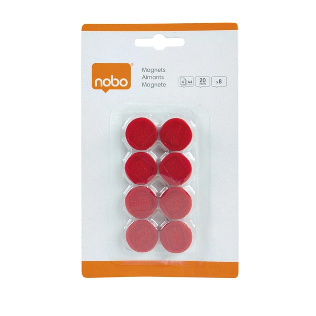 Een Magneet Nobo 20mm 120gr rood 8 stuks koop je bij Hoekmankantoorartikelen.nl