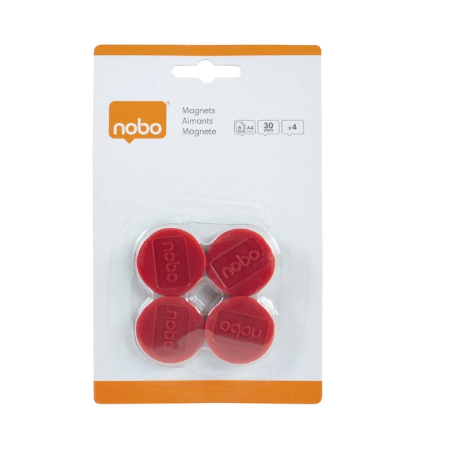 Een Magneet Nobo 30mm 700gr rood 4 stuks koop je bij Hoekmankantoorartikelen.nl