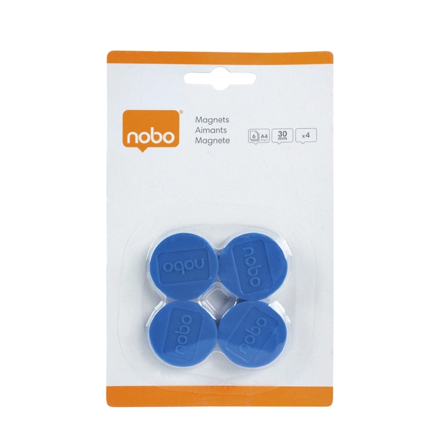 Een Magneet Nobo 30mm 700gr blauw 4 stuks koop je bij Hoekmankantoorartikelen.nl