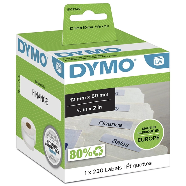 Een Etiket Dymo LabelWriter naamkaart hangmap 12x50mm 1 rol á 220 stuks wit koop je bij VHK Kantoorartikelen