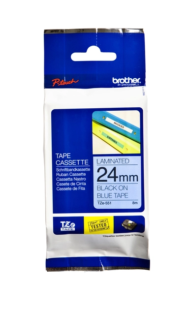 Een Labeltape Brother P-touch TZe-551 standaard 24mm zwart op blauw koop je bij Hoekmankantoorartikelen.nl