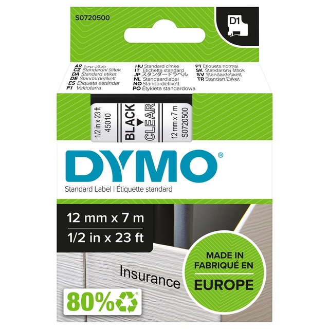 Een Labeltape Dymo LabelManager D1 polyester 12mm zwart op transparant koop je bij VHK Kantoorartikelen