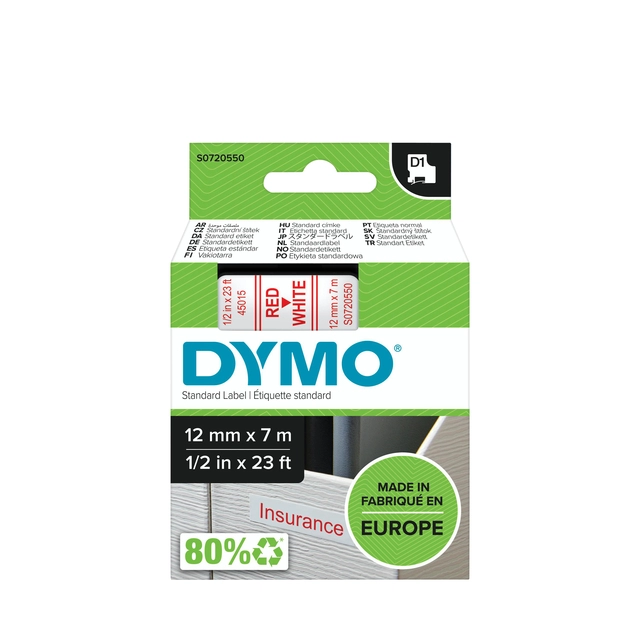 Een Labeltape Dymo LabelManager D1 polyester 12mm rood op wit koop je bij VHK Kantoorartikelen