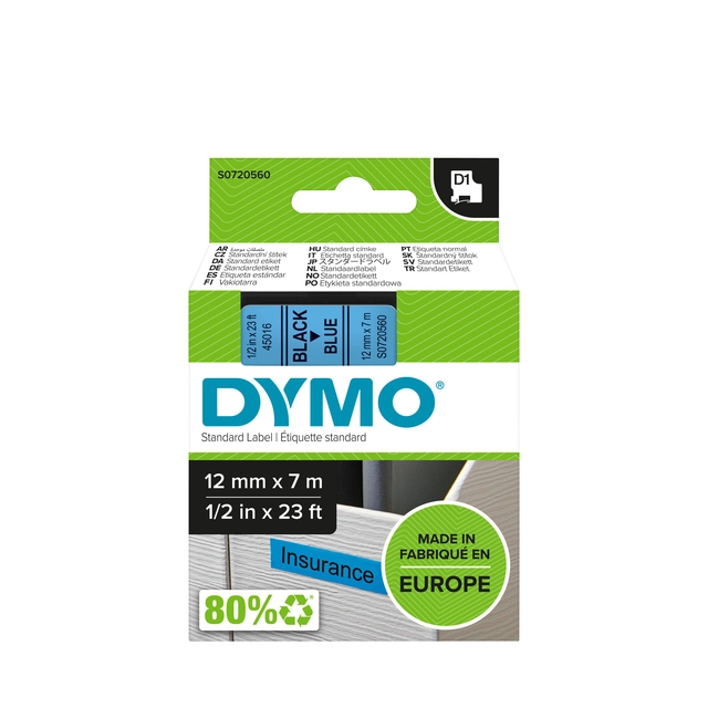 Een Labeltape Dymo LabelManager D1 polyester 12mm zwart op blauw koop je bij VHK Kantoorartikelen