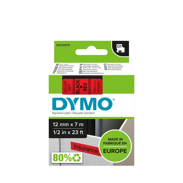 Een Labeltape Dymo LabelManager D1 polyester 12mm zwart op rood koop je bij VHK Kantoorartikelen