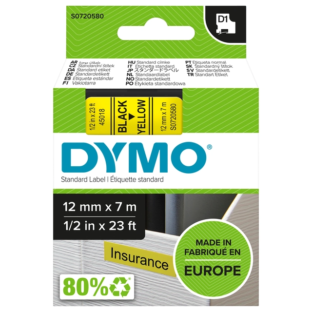 Een Labeltape Dymo LabelManager D1 polyester 12mm zwart op geel koop je bij VHK Kantoorartikelen