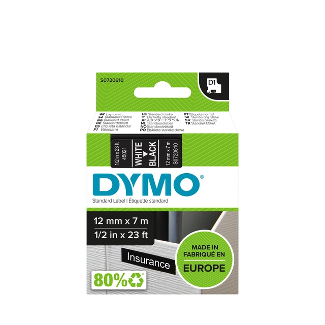 Een Labeltape Dymo LabelManager D1 polyester 12mm wit op zwart koop je bij Hoekmankantoorartikelen.nl