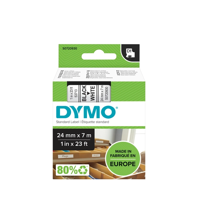 Een Labeltape Dymo LabelManager D1 polyester 24mm zwart op wit koop je bij VHK Kantoorartikelen