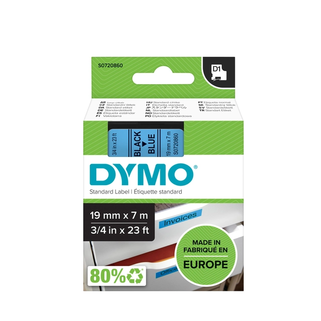 Een Labeltape Dymo LabelManager D1 polyester 19mm zwart op blauw koop je bij VHK Kantoorartikelen