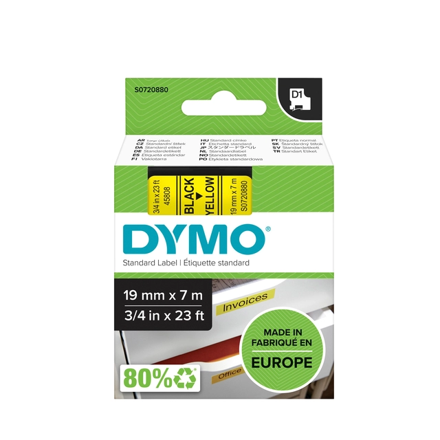 Een Labeltape Dymo LabelManager D1 polyester 19mm zwart op geel koop je bij VHK Kantoorartikelen