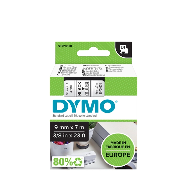 Een Labeltape Dymo LabelManager D1 polyester 9mm zwart op transparant koop je bij VHK Kantoorartikelen