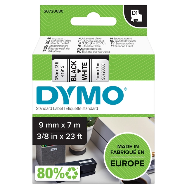 Een Labeltape Dymo LabelManager D1 polyester 9mm zwart op wit koop je bij VHK Kantoorartikelen