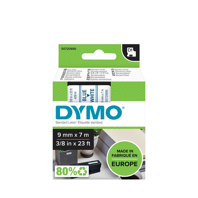 Een Labeltape Dymo LabelManager D1 polyester 9mm blauw op wit koop je bij Hoekmankantoorartikelen.nl