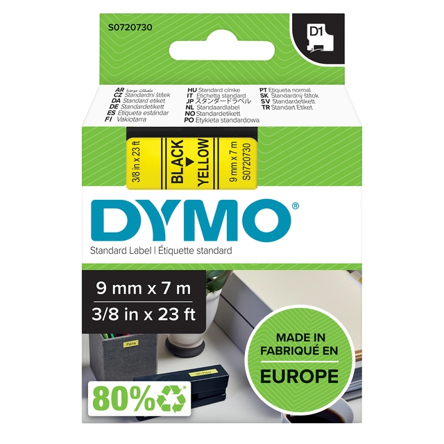 Een Labeltape Dymo LabelManager D1 polyester 9mm zwart op geel koop je bij VHK Kantoorartikelen