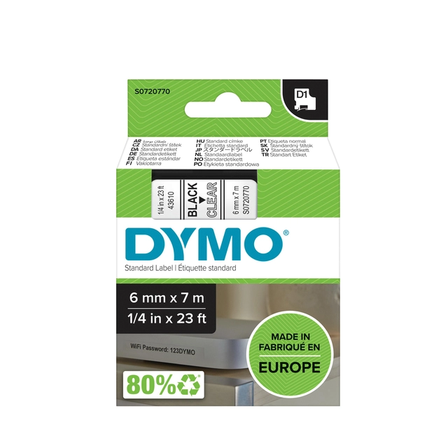 Een Labeltape Dymo LabelManager D1 polyester 6mm zwart op transparant koop je bij VHK Kantoorartikelen