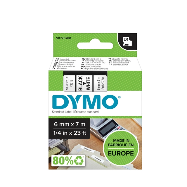 Een Labeltape Dymo LabelManager D1 polyester 6mm zwart op wit koop je bij VHK Kantoorartikelen