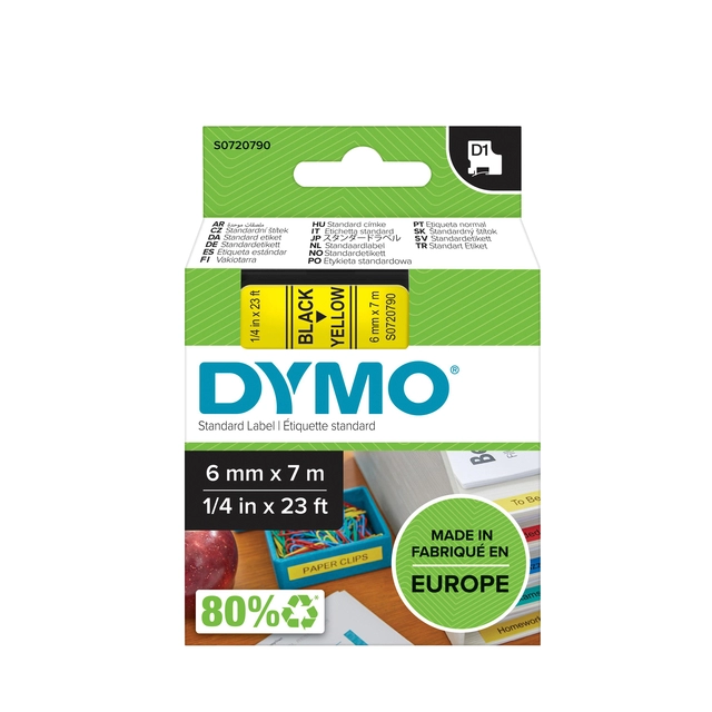 Een Labeltape Dymo LabelManager D1 polyester 6mm zwart op geel koop je bij VHK Kantoorartikelen