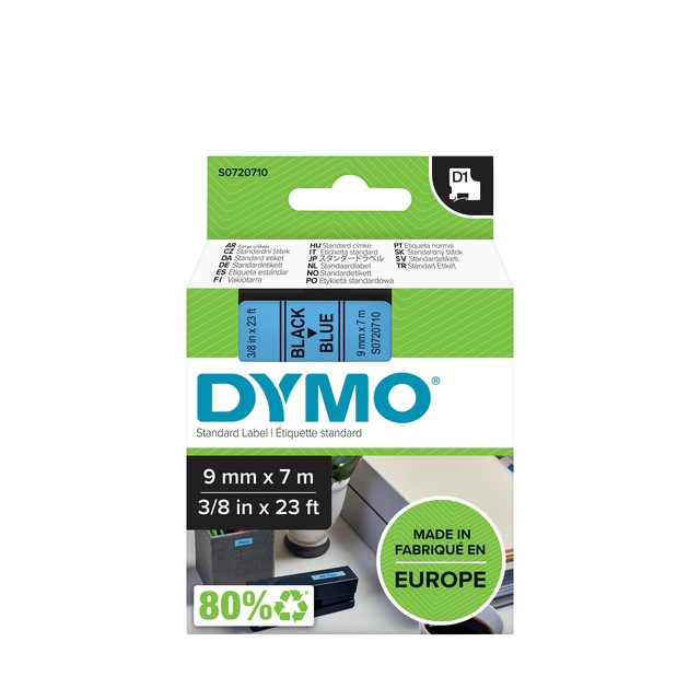 Een Labeltape Dymo LabelManager D1 polyester 9mm zwart op blauw koop je bij VHK Kantoorartikelen