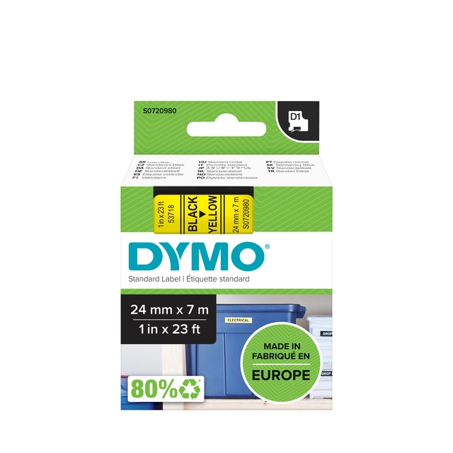 Een Labeltape Dymo LabelManager D1 polyester 24mm zwart op geel koop je bij VHK Kantoorartikelen