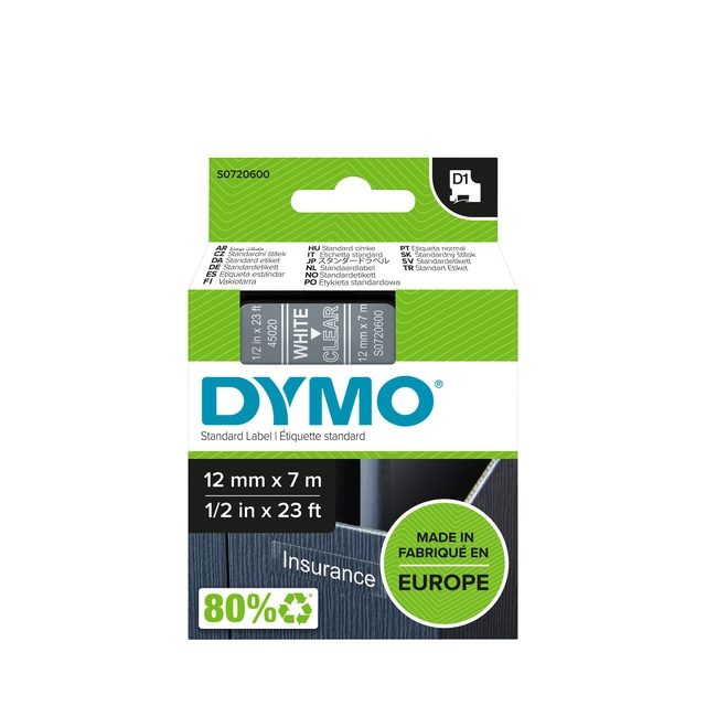 Een Labeltape Dymo LabelManager D1 polyester 12mm wit op transparant koop je bij VHK Kantoorartikelen