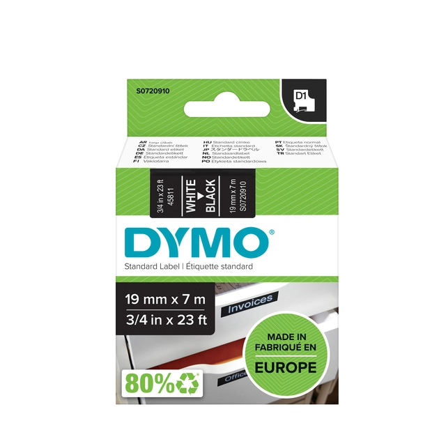 Een Labeltape Dymo LabelManager D1 polyester 19mm wit op zwart koop je bij VHK Kantoorartikelen