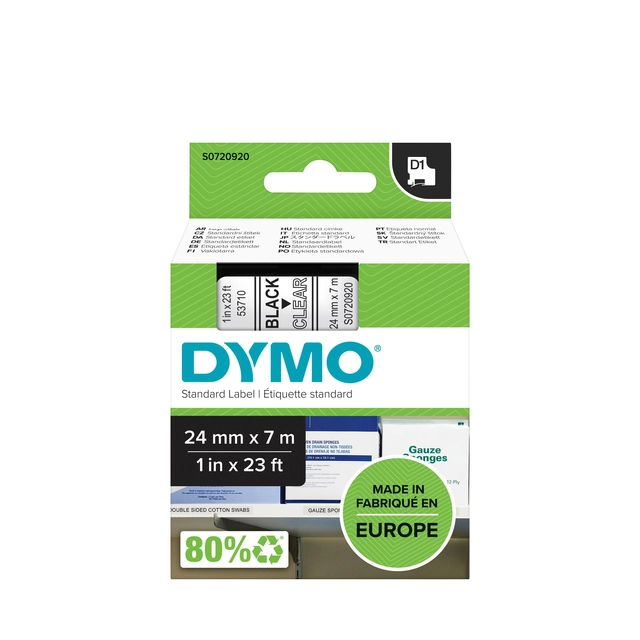 Een Labeltape Dymo LabelManager D1 polyester 24mm zwart op transparant koop je bij VHK Kantoorartikelen