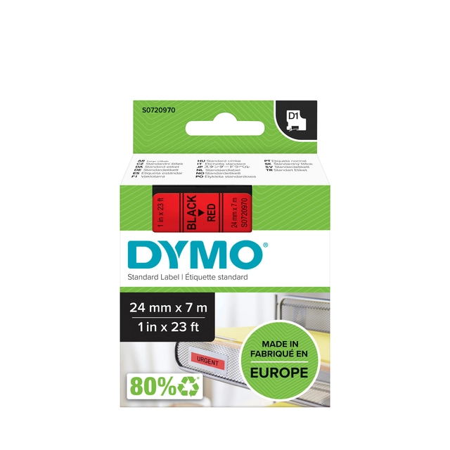 Een Labeltape Dymo LabelManager D1 polyester 24mm zwart op rood koop je bij VHK Kantoorartikelen