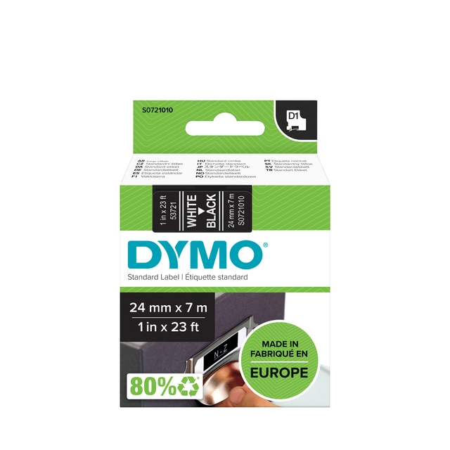 Een Labeltape Dymo LabelManager D1 polyester 24mm wit op zwart koop je bij VHK Kantoorartikelen