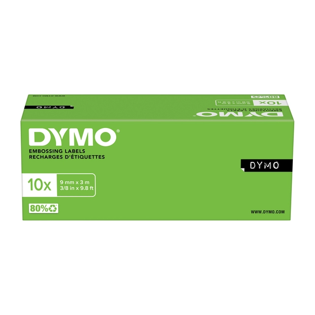 Een Reliëftape Dymo embossing plastic 9mm wit op zwart koop je bij Hoekmankantoorartikelen.nl