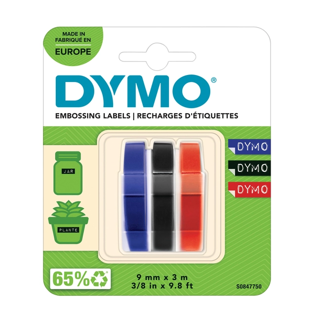 Een Reliëftape Dymo embossing vinyl 9mm assorti 3 stuks koop je bij Hoekmankantoorartikelen.nl