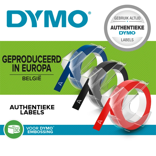 Een Reliëftape Dymo embossing vinyl 9mm assorti 3 stuks koop je bij Hoekmankantoorartikelen.nl