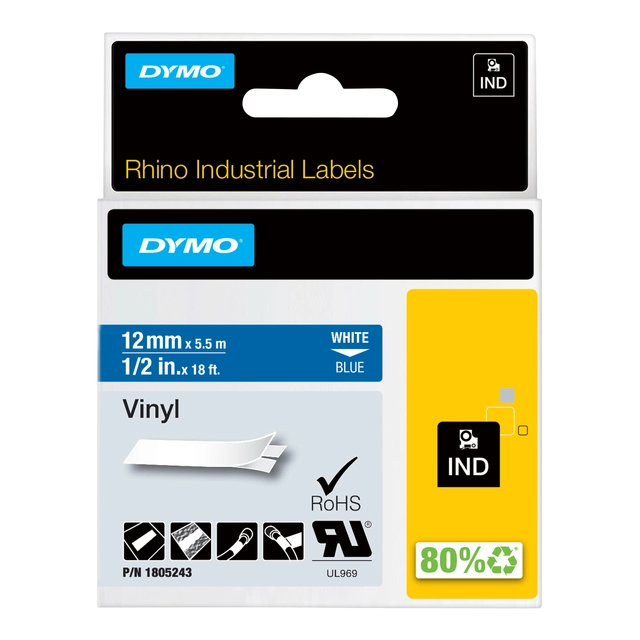 Een Labeltape Dymo Rhino industrieel vinyl 12mm wit op blauw koop je bij VHK Kantoorartikelen