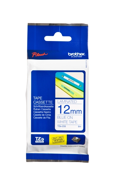 Een Labeltape Brother P-touch TZe-233 standaard 12mm blauw op wit koop je bij Clippz! Office Supplies