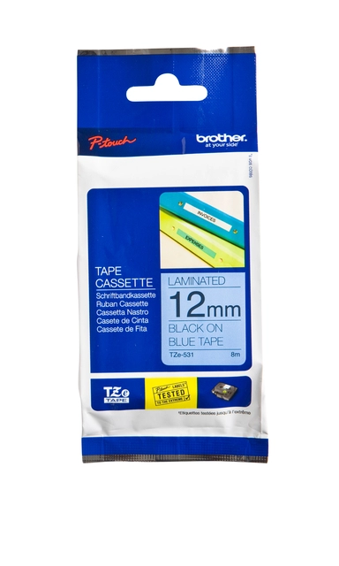 Een Labeltape Brother P-touch TZe-531 standaard 12mm zwart op blauw koop je bij Clippz! Office Supplies