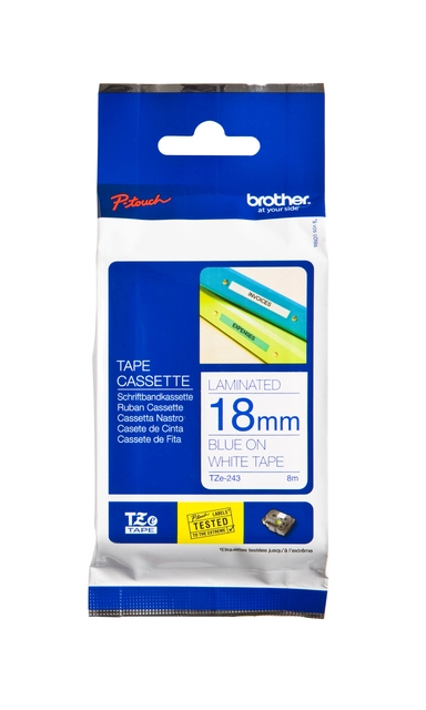 Een Labeltape Brother P-touch TZe-243 standaard 18mm blauw op wit koop je bij Clippz! Office Supplies