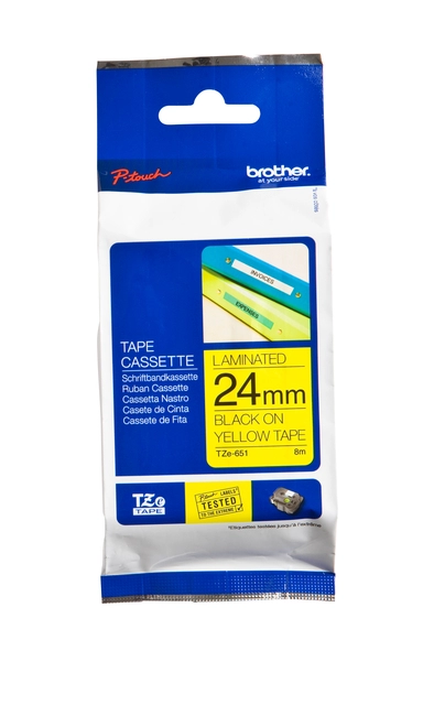 Een Labeltape Brother P-touch TZe-651 standaard 24mm zwart op geel koop je bij Clippz! Office Supplies