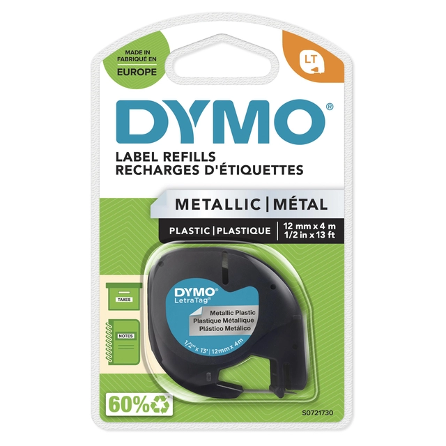 Een Labeltape Dymo LetraTag metallic 12mm zwart op zilver koop je bij VHK Kantoorartikelen