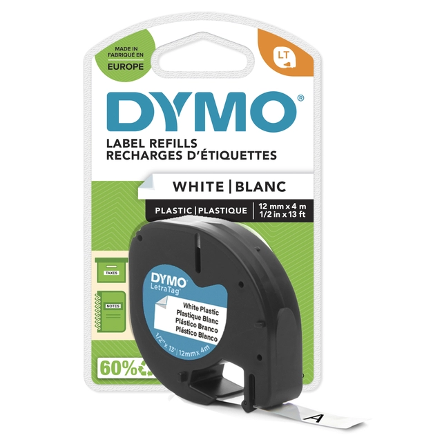 Een Labeltape Dymo LetraTag plastic 12mm zwart op wit koop je bij VHK Kantoorartikelen