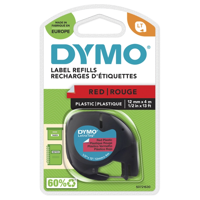 Een Labeltape Dymo LetraTag plastic 12mm zwart op rood koop je bij VHK Kantoorartikelen